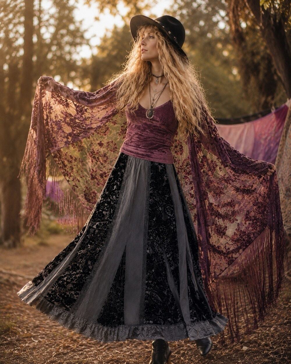CHICO'S Black Silk Blend Velvet Burnout Lace Maxi Skirt Sz 1 US 8 Stevie Nicks